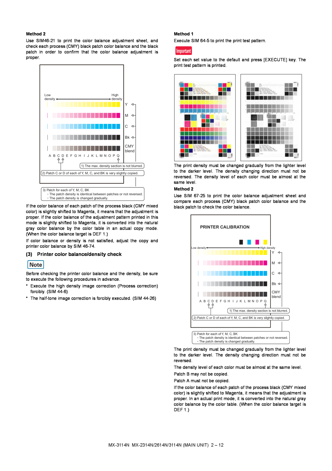 Sharp MX-3114N, MX-2614N, MX-2314N installation manual Printer color balance/density check, Method, Printer Calibration 