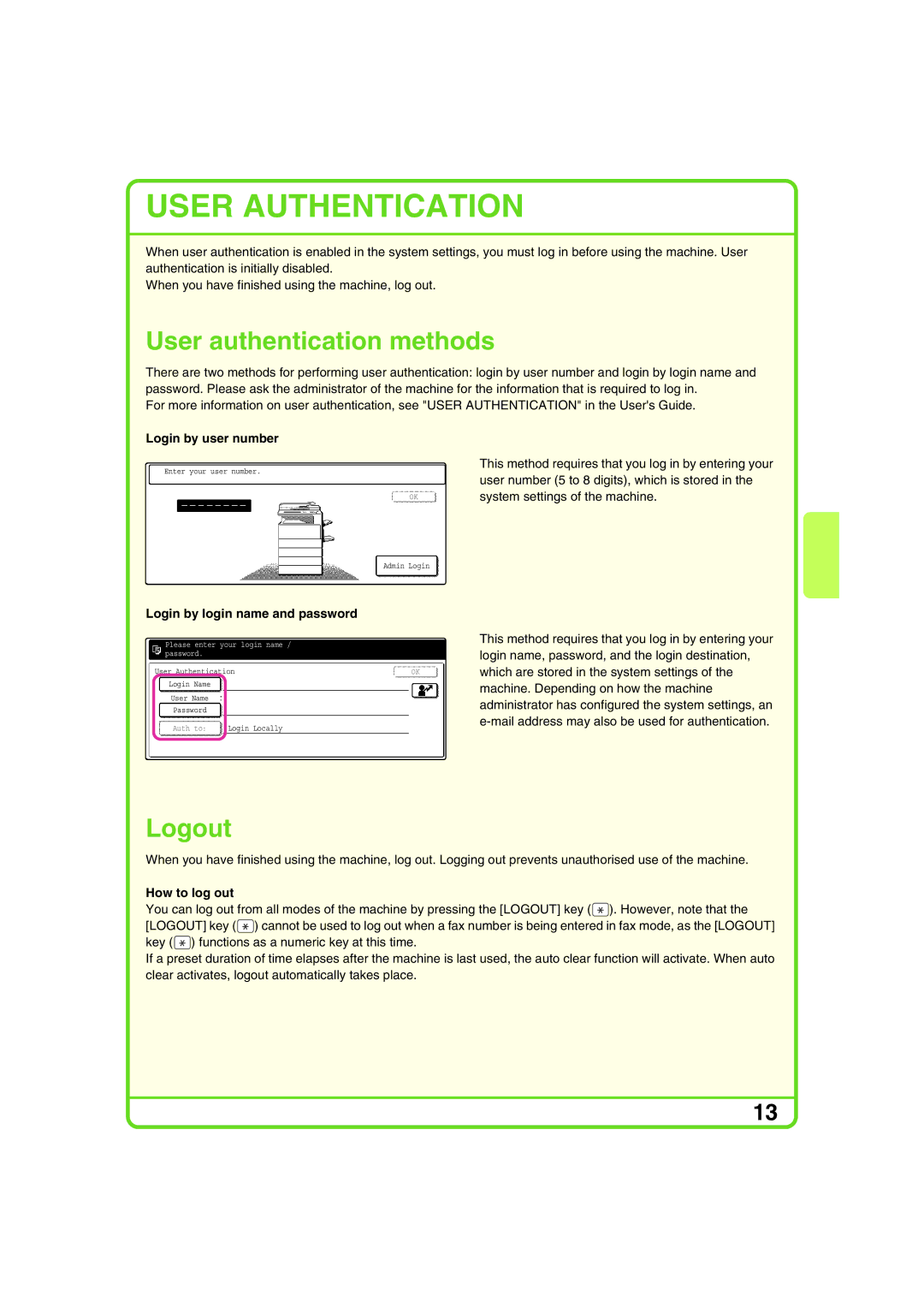 Sharp MX-2700G, MX-2700N, MX-2300G, MX-2300N Login by user number, Login by login name and password, How to log out 