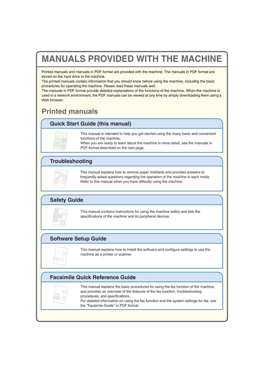 Sharp MX-2300N, MX-2700N, MX-2300G, MX-2700G quick start Manuals Provided with the Machine 