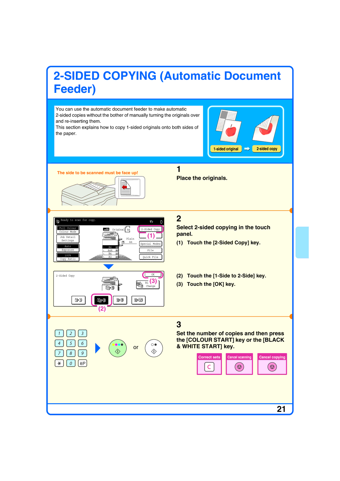 Sharp MX-2700G Select 2-sided copying in the touch panel, Set the number of copies and then press, White Start key 