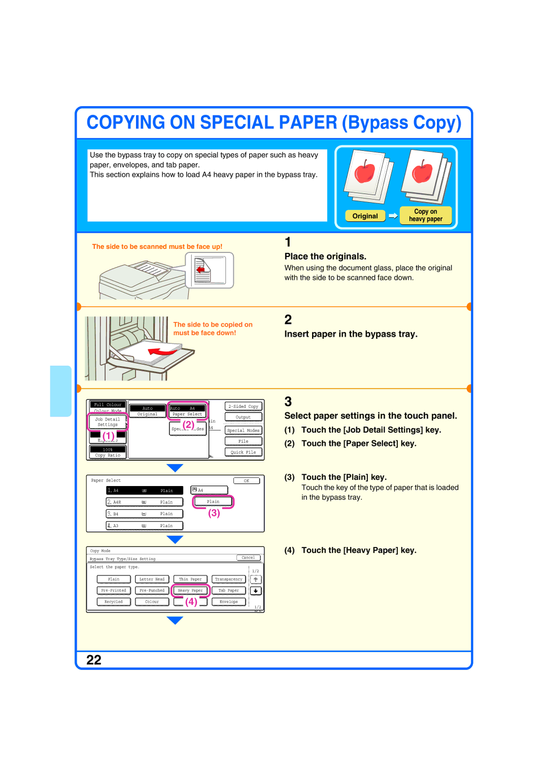 Sharp MX-2700N, MX-2300G Place the originals, Insert paper in the bypass tray, Select paper settings in the touch panel 