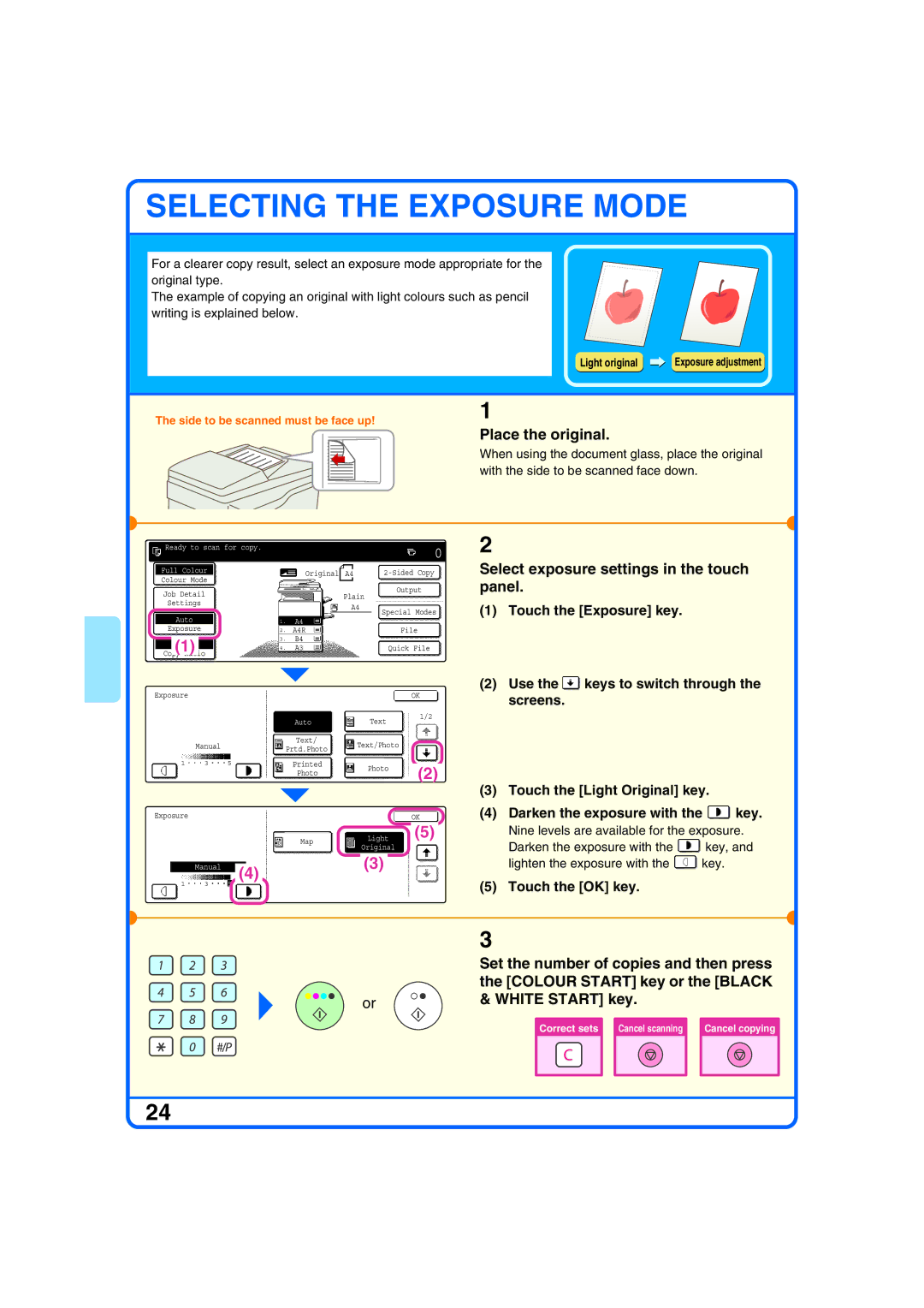 Sharp MX-2300N, MX-2700N, MX-2300G Select exposure settings in the touch panel, Touch the Exposure key, Use, Screens 