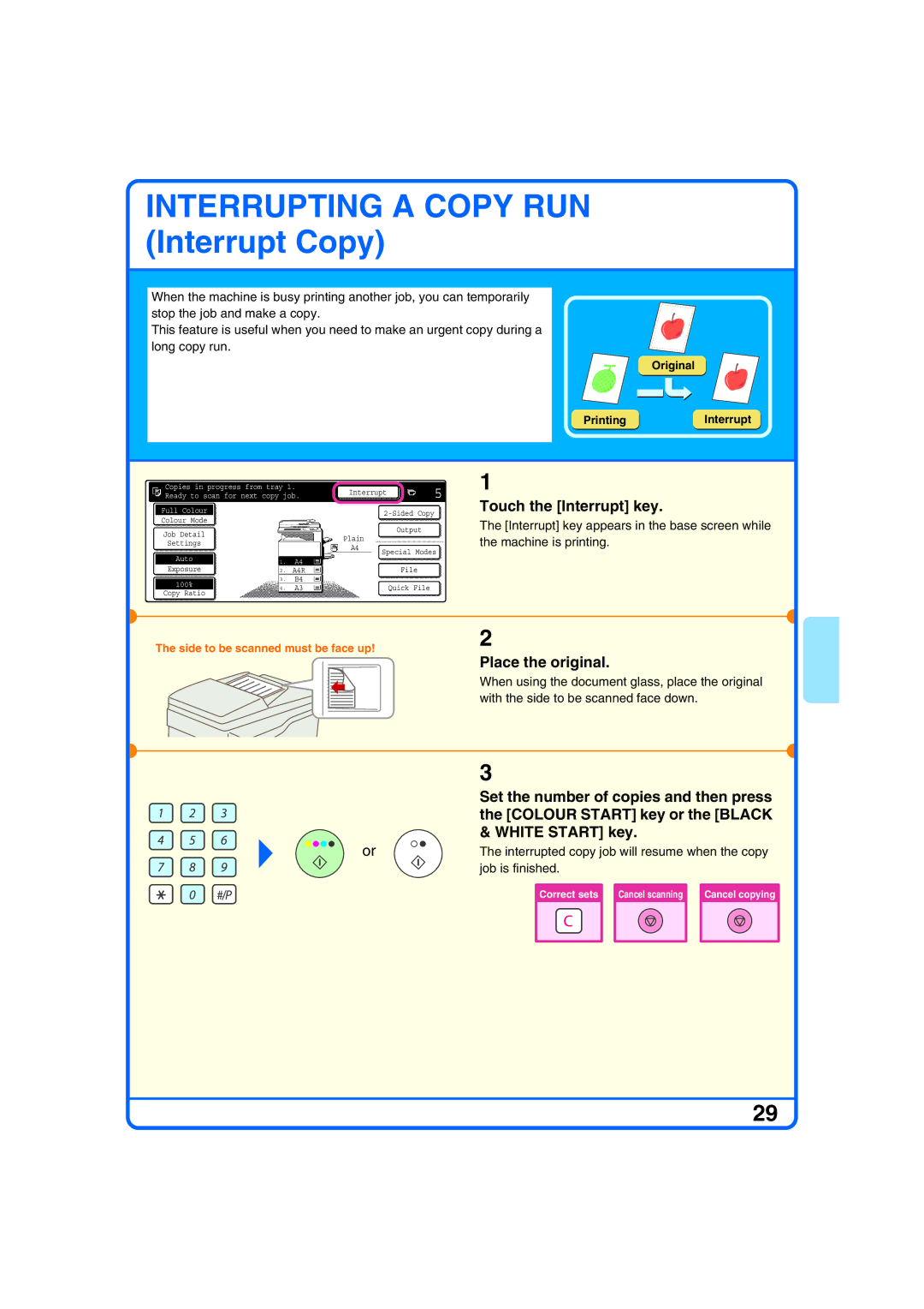 Sharp MX-2700G, MX-2700N, MX-2300G, MX-2300N quick start Interrupting a Copy RUN Interrupt Copy, Touch the Interrupt key 