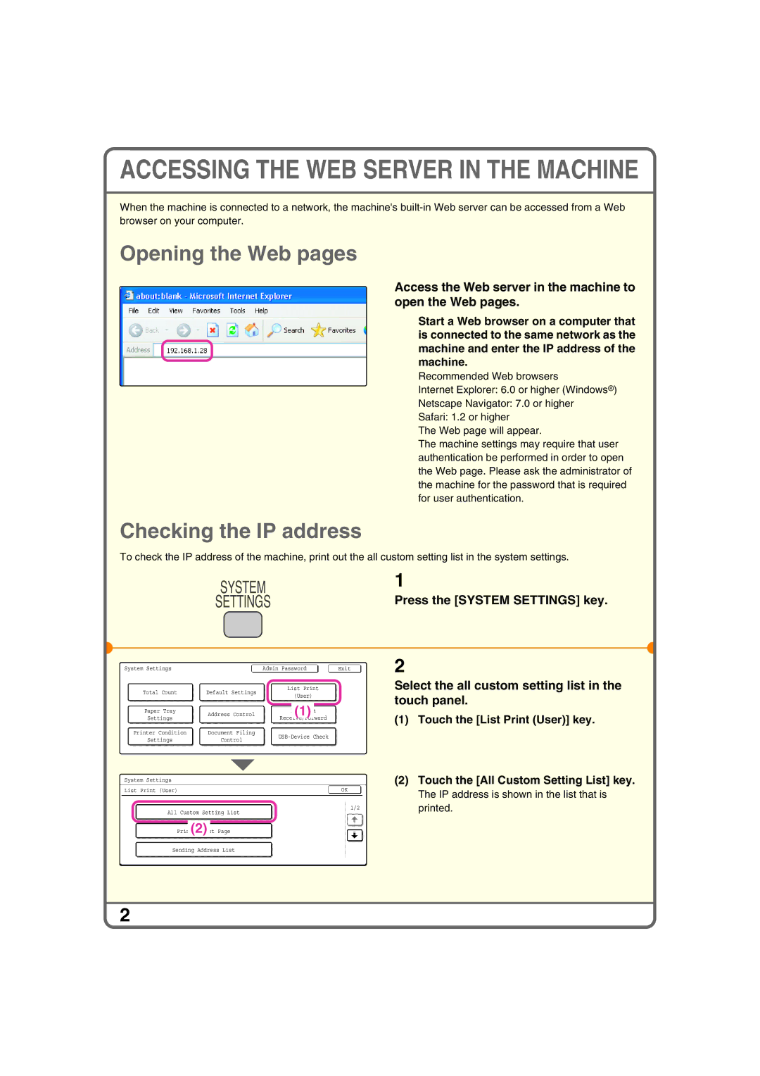 Sharp MX-2700N, MX-2300G, MX-2300N, MX-2700G quick start Access the Web server in the machine to open the Web pages 