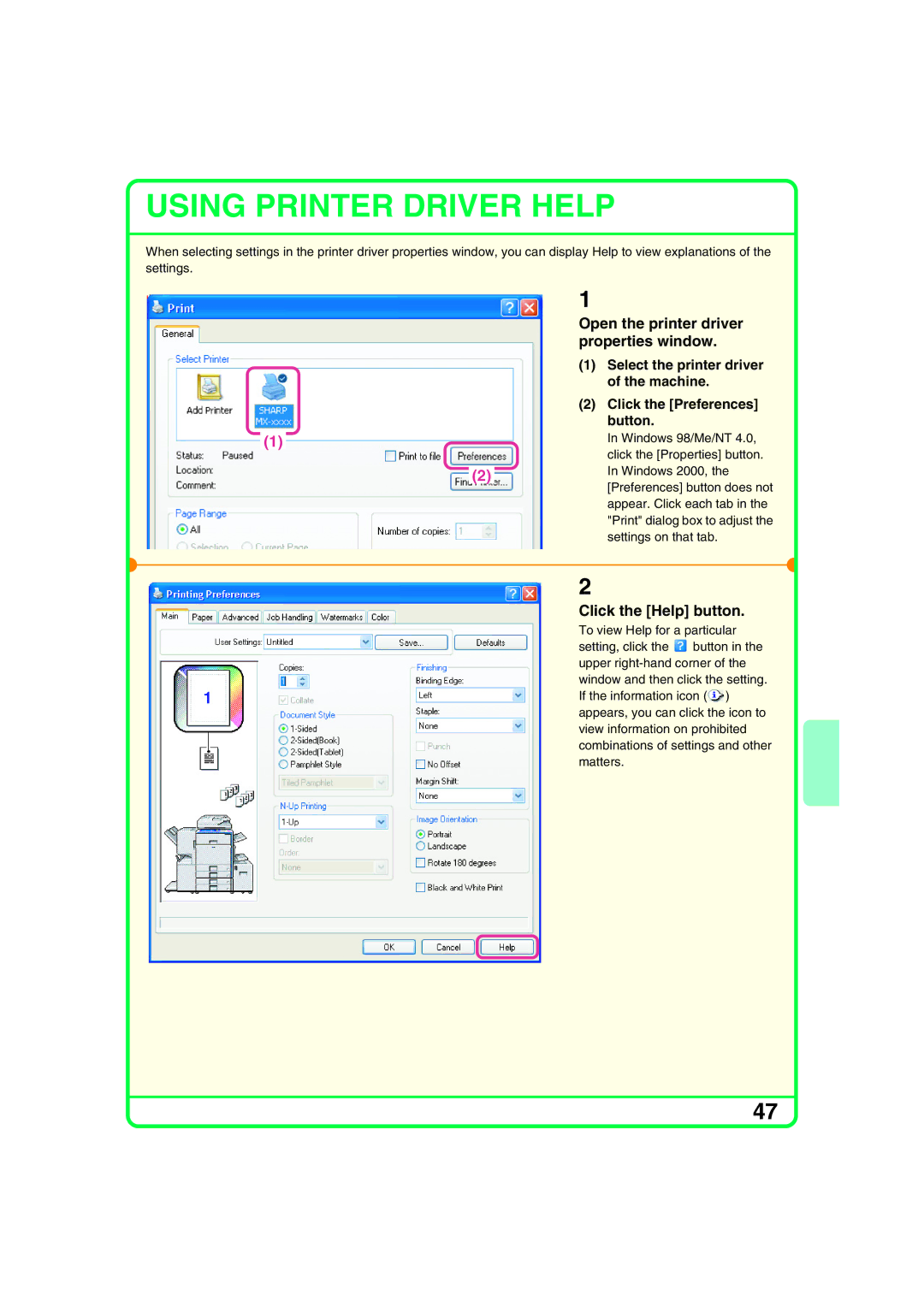 Sharp MX-2300G, MX-2700N, MX-2300N, MX-2700G quick start Click the Help button, Windows 2000 