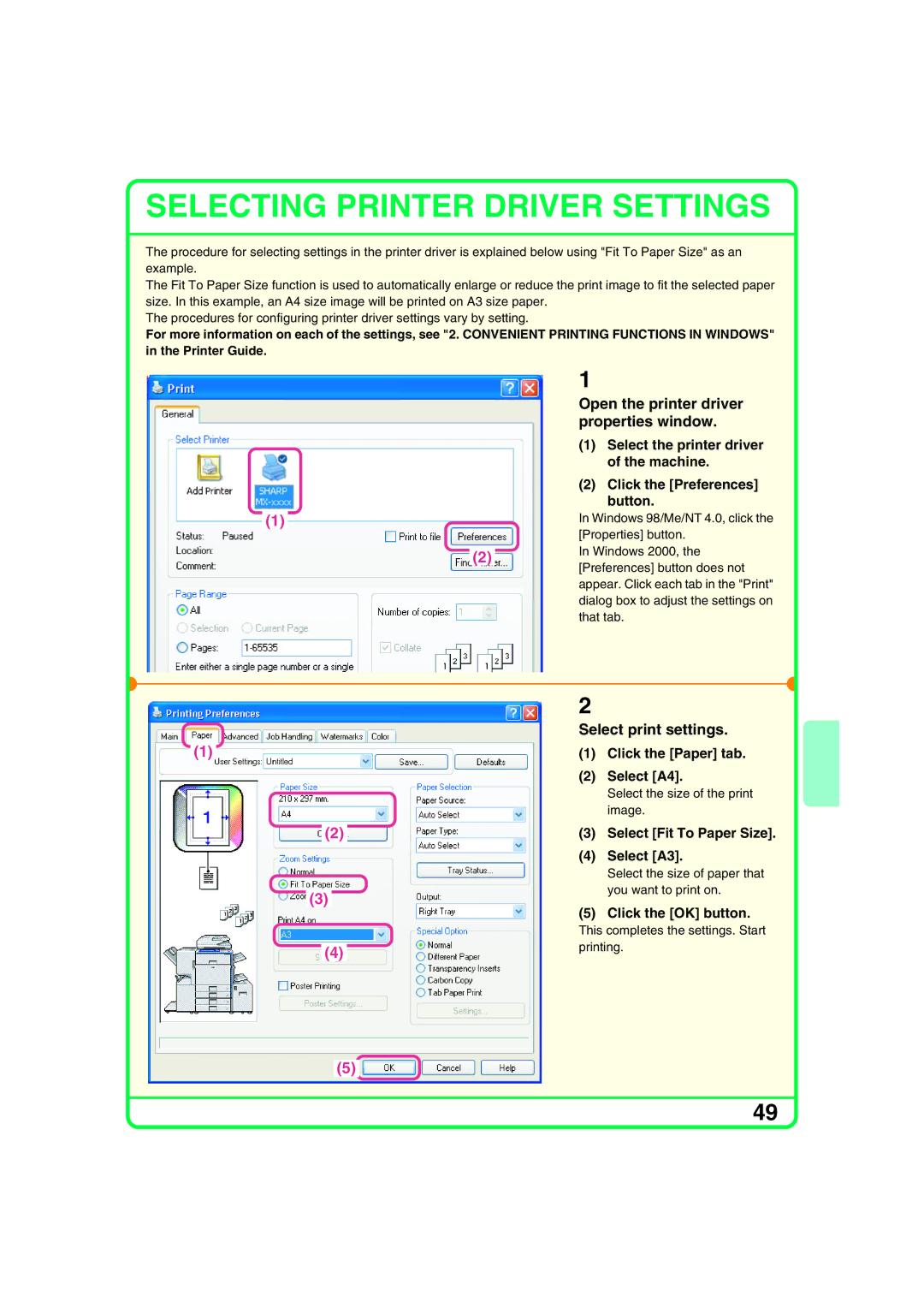 Sharp MX-2700G, MX-2700N, MX-2300G Open the printer driver properties window, Select A4, Select A3, Click the OK button 