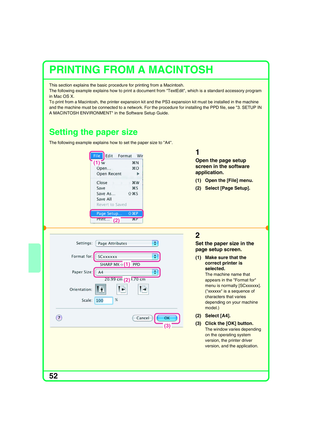 Sharp MX-2300N Open the page setup, Screen in the software, Set the paper size in the page setup screen, Select Page Setup 