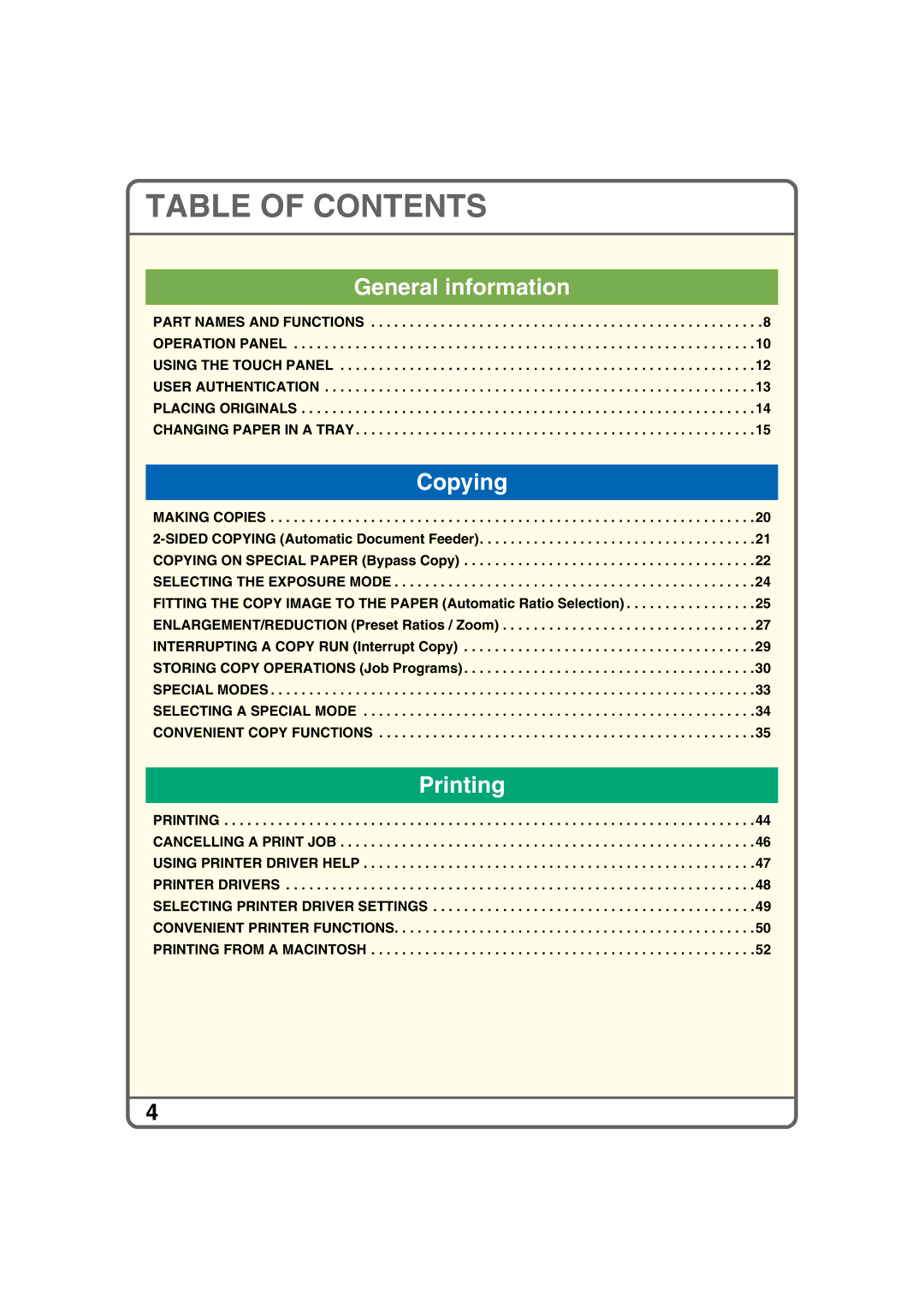 Sharp MX-2300N, MX-2700N, MX-2300G, MX-2700G quick start Table of Contents 