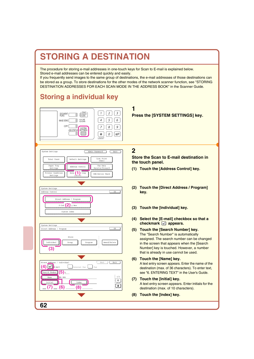 Sharp MX-2700N Storing a Destination, Store the Scan to E-mail destination in the touch panel, Touch the Name key 