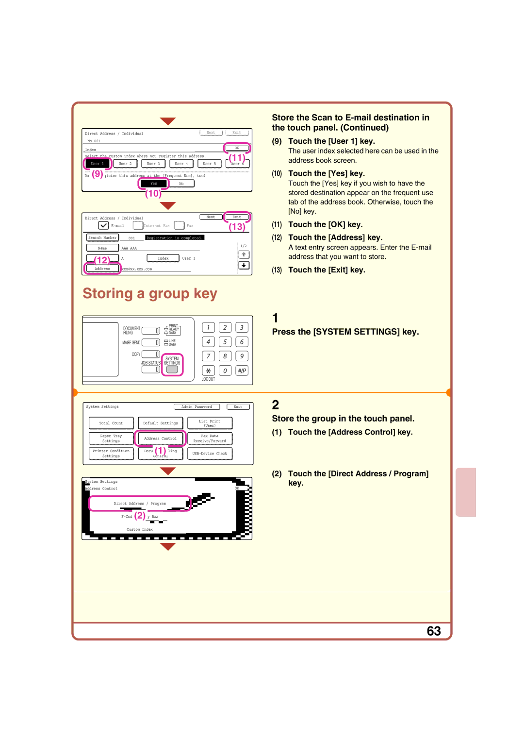 Sharp MX-2300G, MX-2700N, MX-2300N, MX-2700G Store the group in the touch panel, Touch the User 1 key, Touch the Address key 