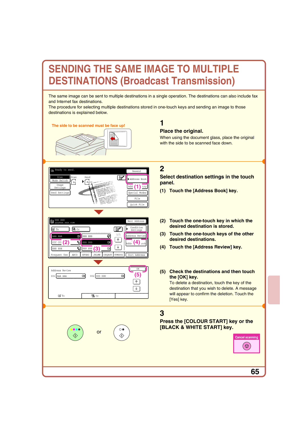 Sharp MX-2700G, MX-2700N, MX-2300G, MX-2300N quick start Select destination settings in the touch, Panel 