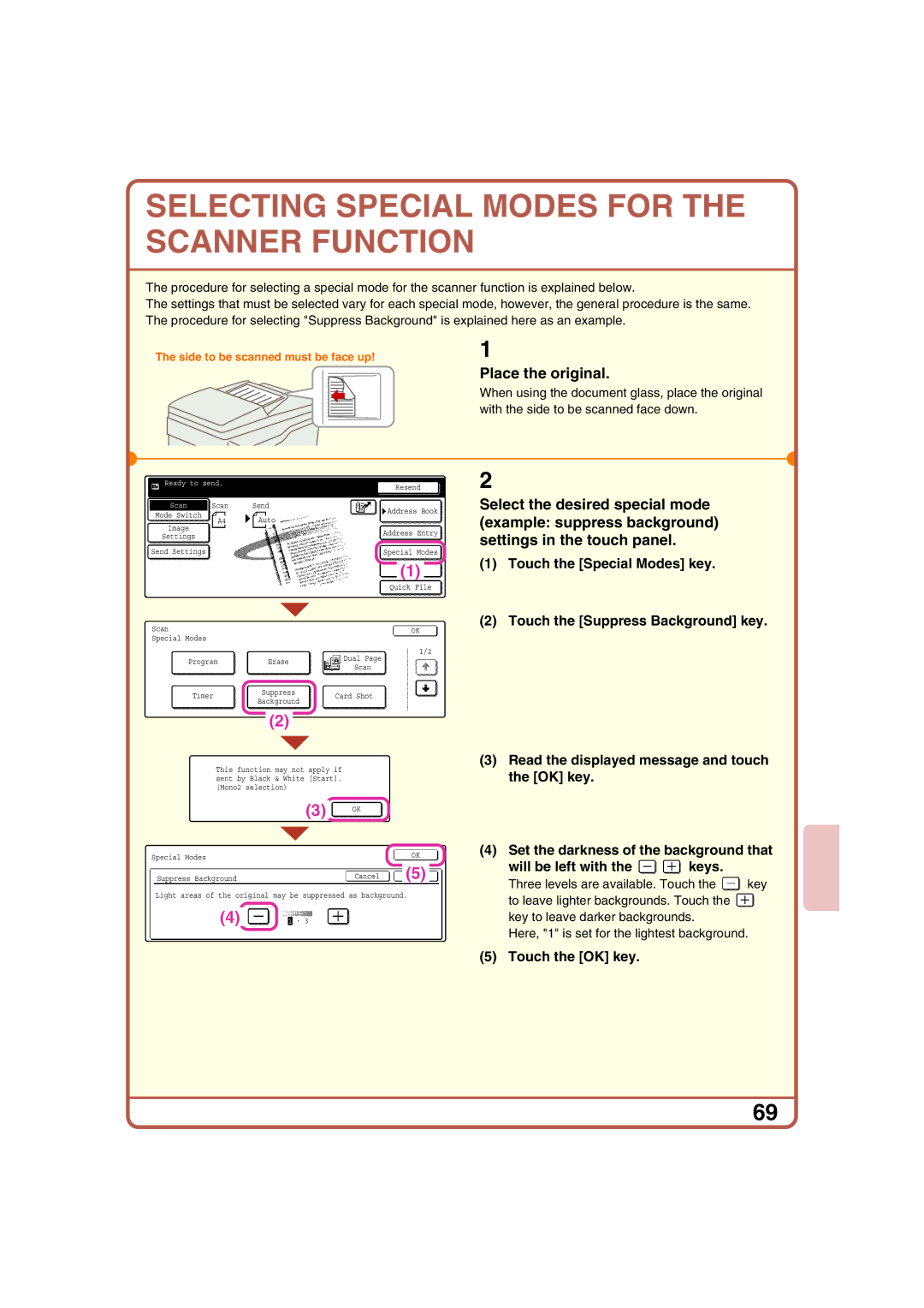 Sharp MX-2700G, MX-2700N Selecting Special Modes for the Scanner Function, Read the displayed message and touch, OK key 