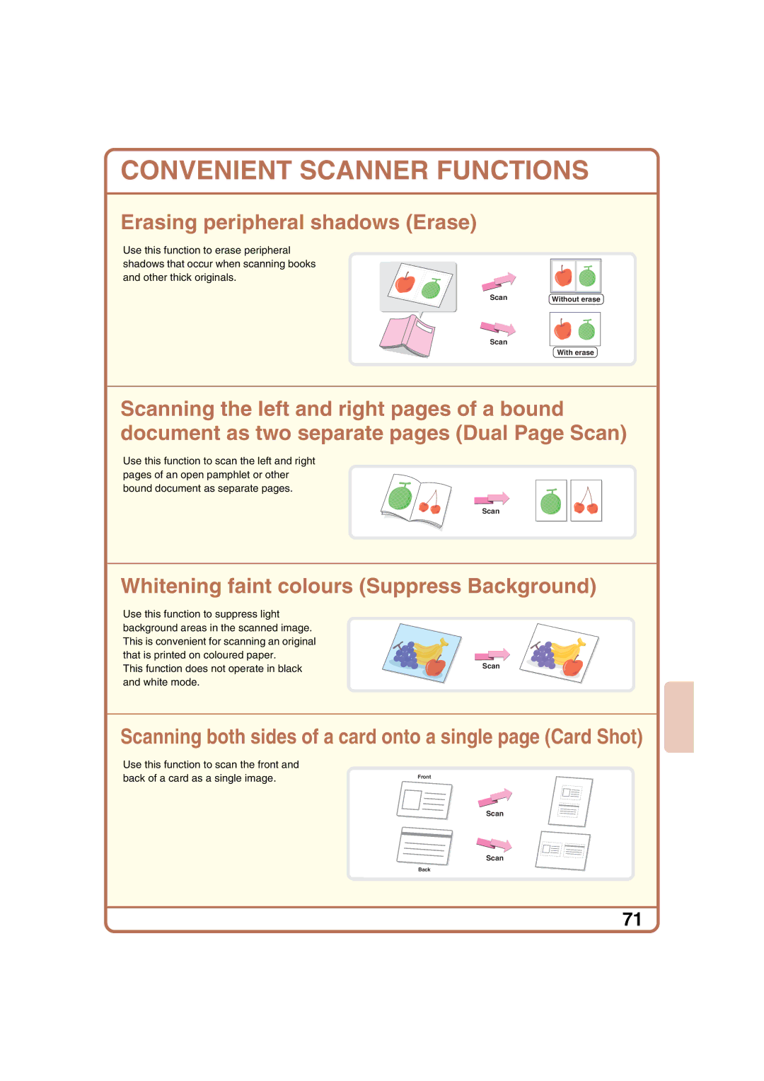 Sharp MX-2300G, MX-2700N, MX-2300N, MX-2700G quick start Convenient Scanner Functions, Erasing peripheral shadows Erase 