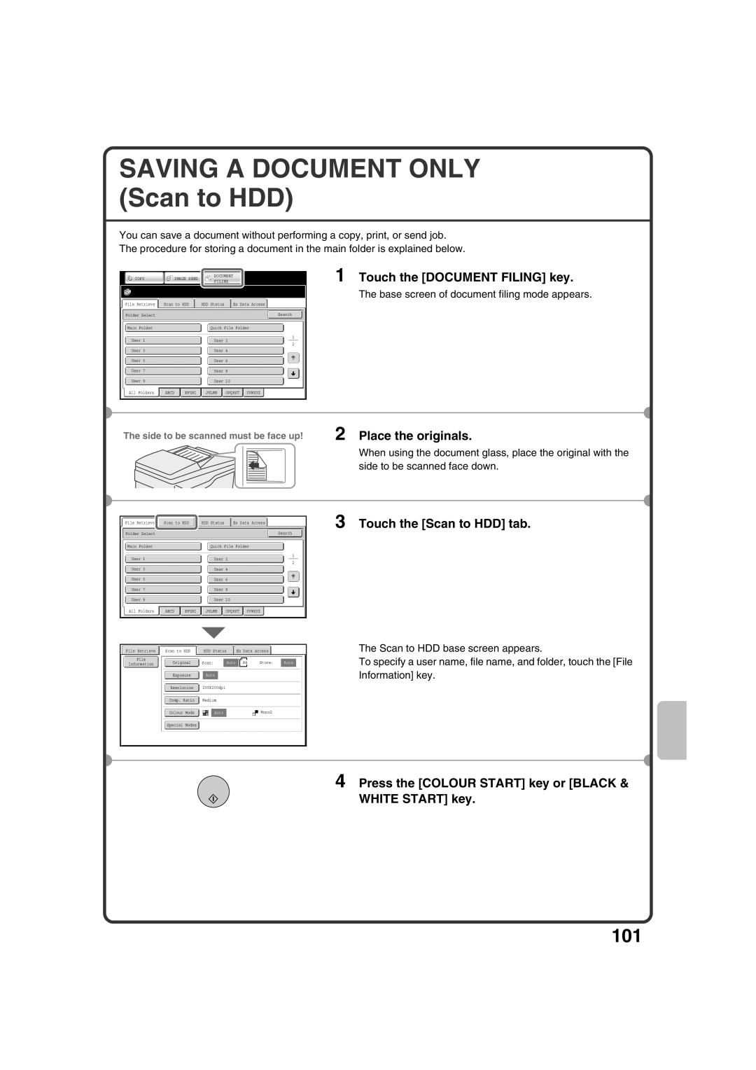 Sharp MX-2600N, MX-3100N Saving a Document only Scan to HDD, Touch the Document Filing key, Touch the Scan to HDD tab 