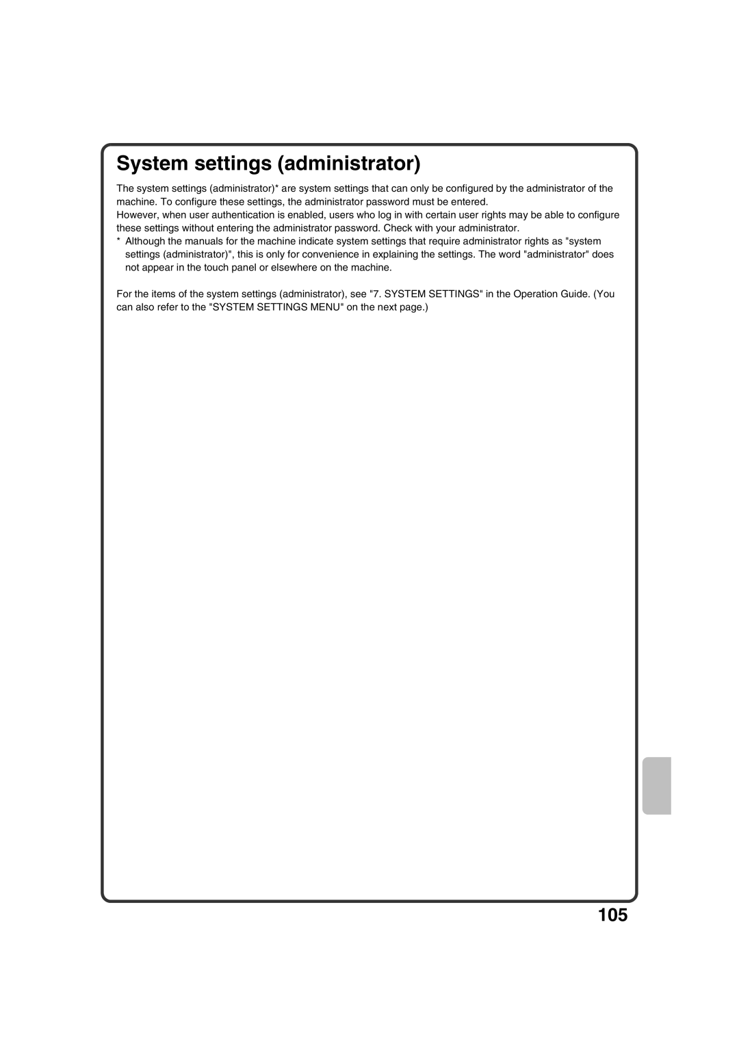 Sharp MX-2600N, MX-3100N quick start System settings administrator 