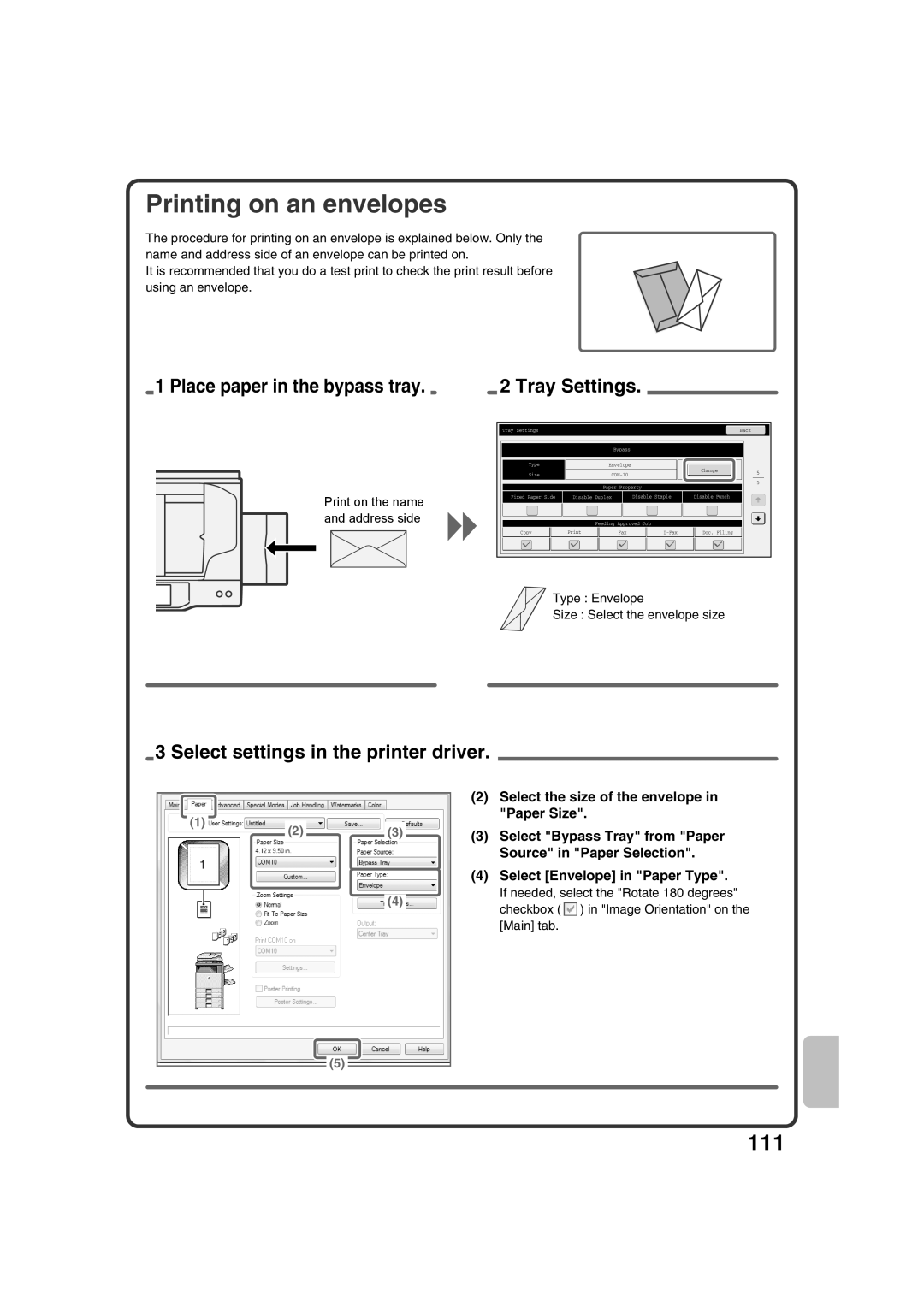 Sharp MX-2600N, MX-3100N quick start Printing on an envelopes, Tray Settings 