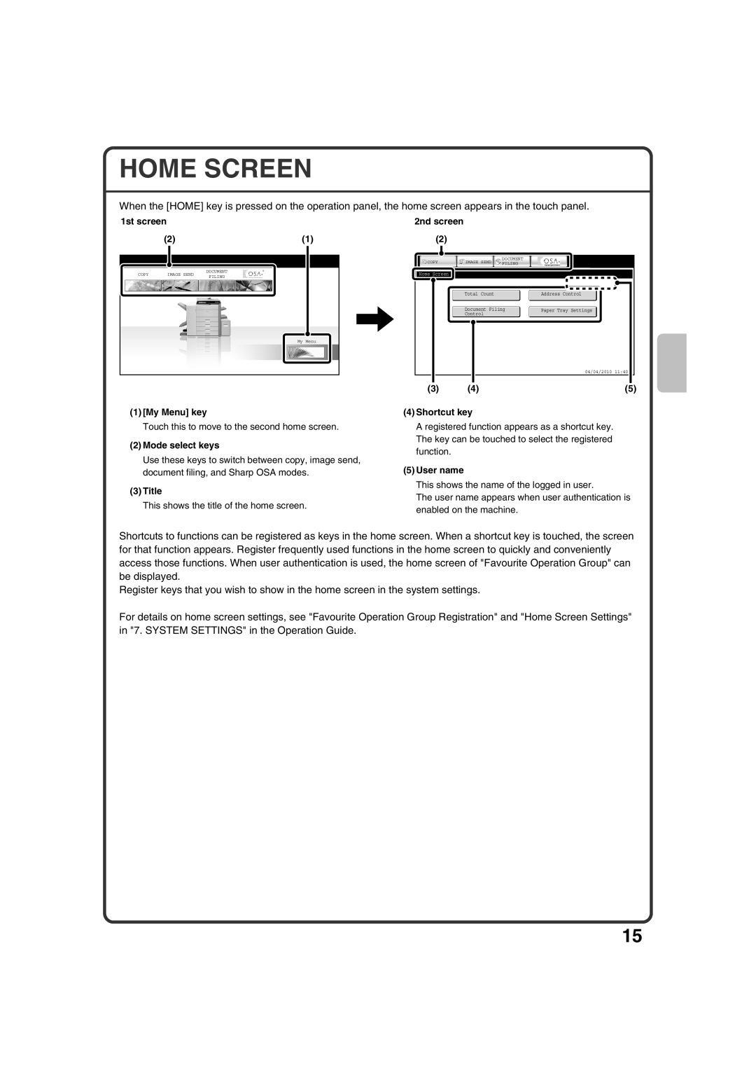 Sharp MX-2600N, MX-3100N quick start Home Screen 