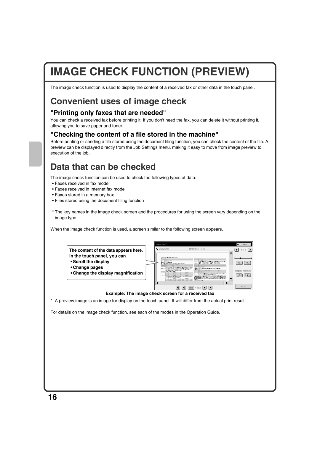 Sharp MX-3100N, MX-2600N quick start Image Check Function Preview, Convenient uses of image check, Data that can be checked 