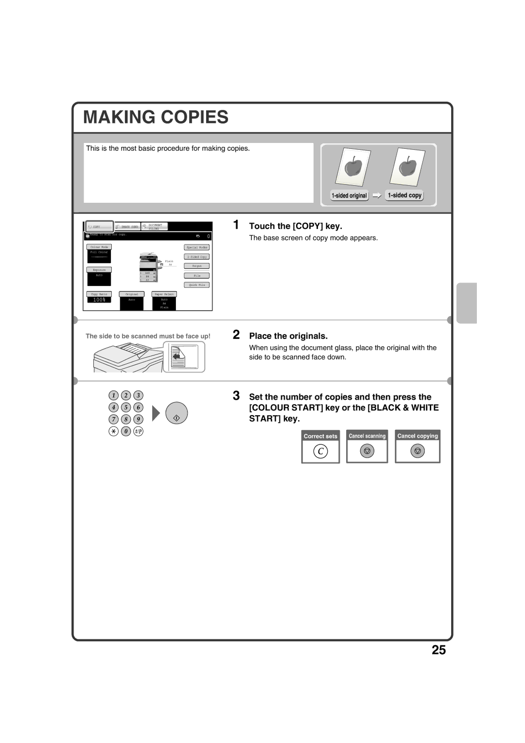 Sharp MX-2600N, MX-3100N quick start Making Copies, Touch the Copy key, Place the originals, Sided original 