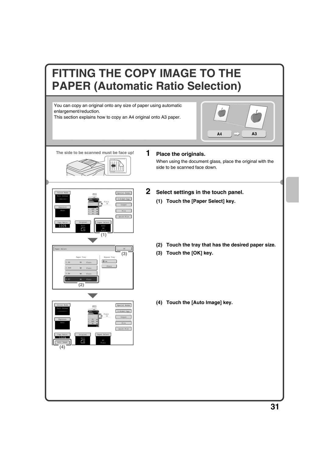 Sharp MX-2600N, MX-3100N quick start When using the document glass, place the original with, Side to be scanned face down 