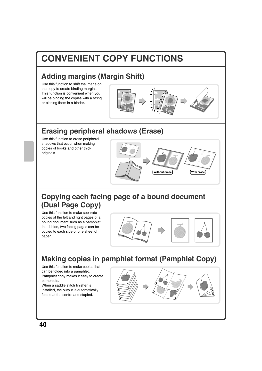 Sharp MX-3100N, MX-2600N Convenient Copy Functions, Adding margins Margin Shift, Erasing peripheral shadows Erase 