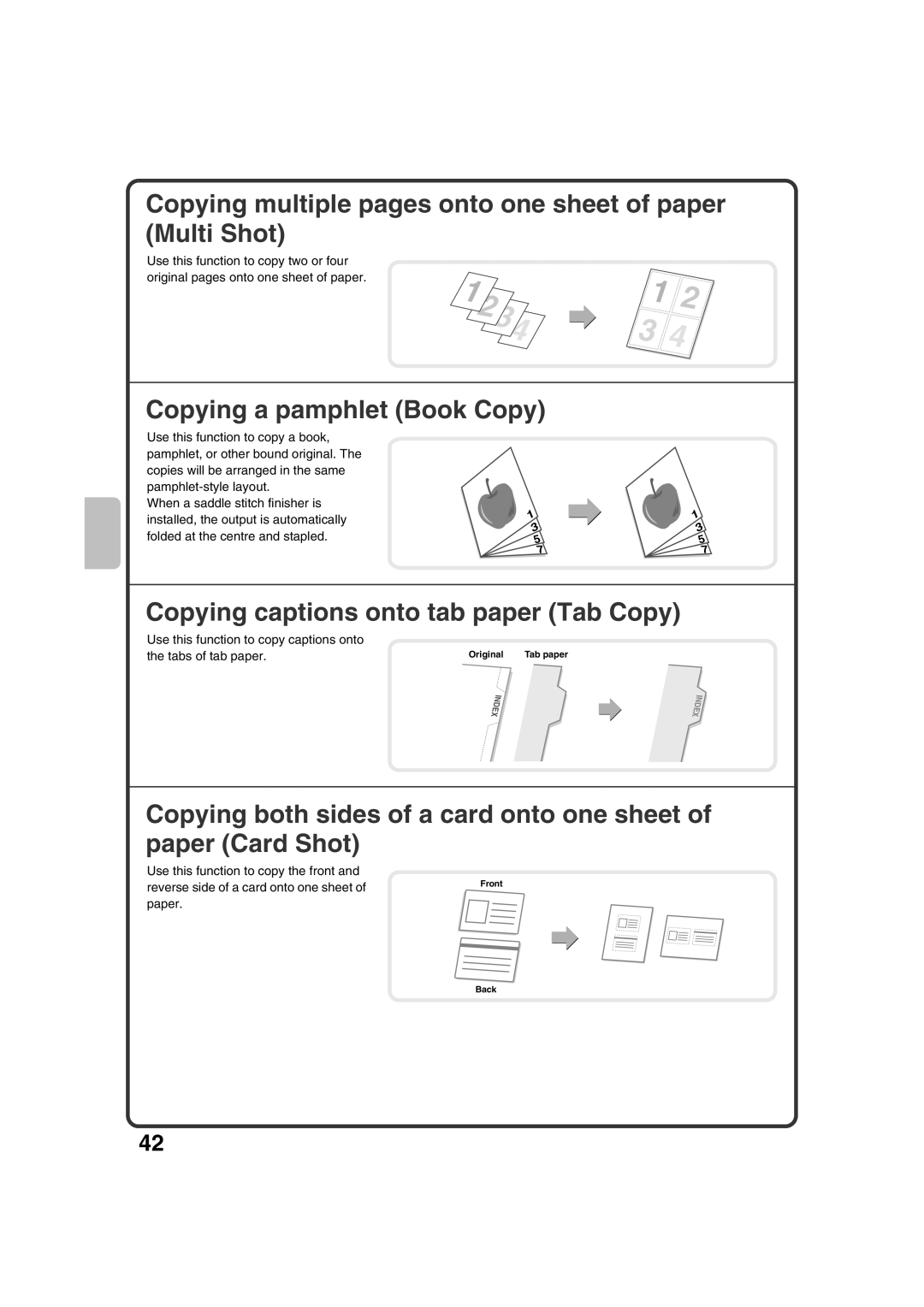 Sharp MX-3100N, MX-2600N quick start Copying multiple pages onto one sheet of paper Multi Shot, Copying a pamphlet Book Copy 