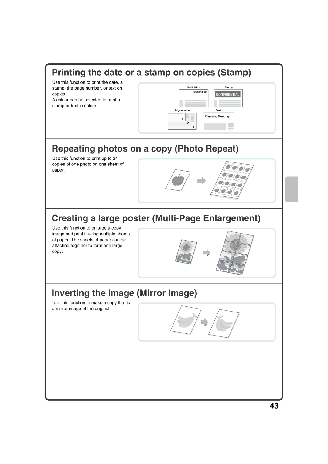 Sharp MX-2600N, MX-3100N quick start Printing the date or a stamp on copies Stamp, Repeating photos on a copy Photo Repeat 