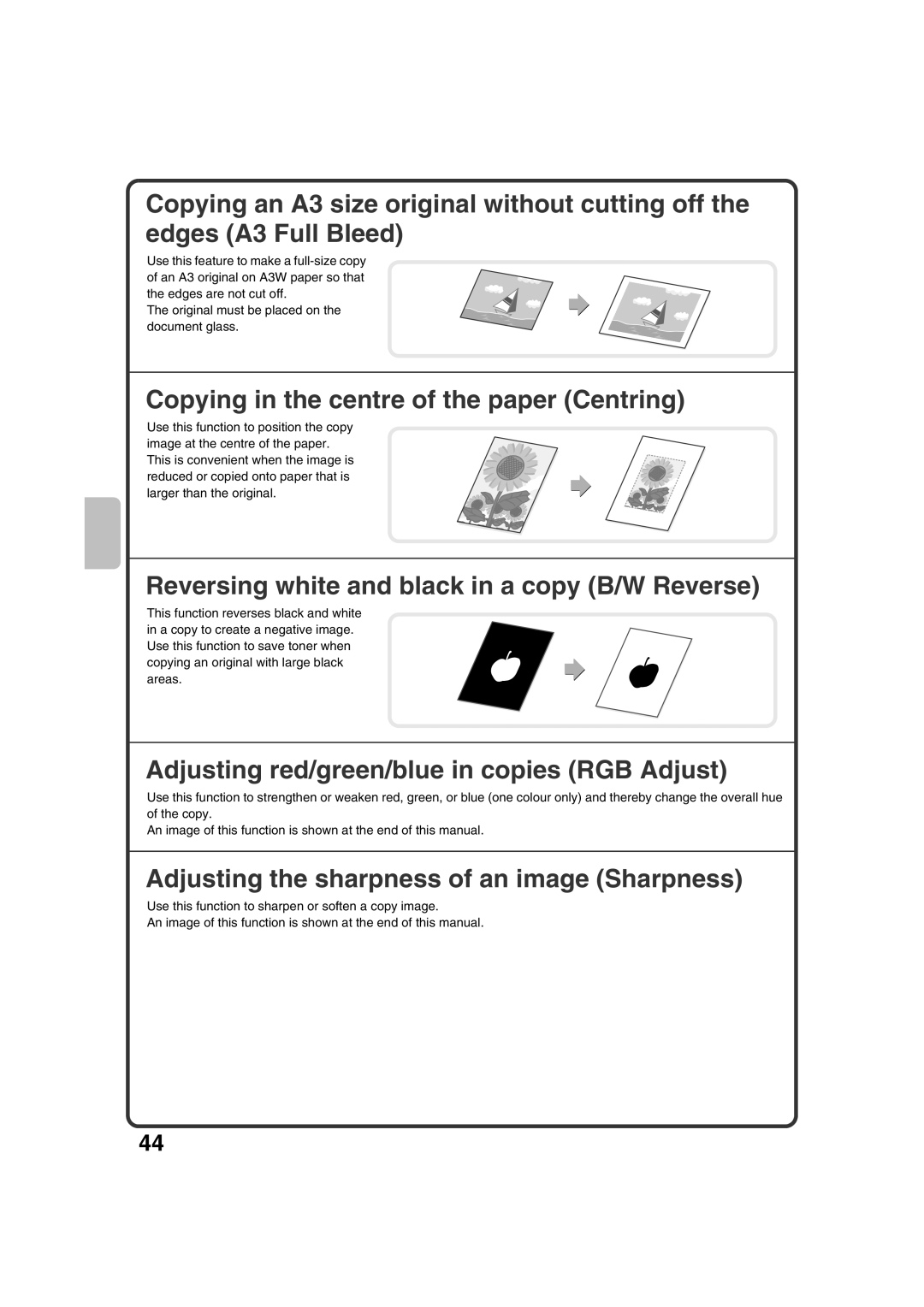 Sharp MX-3100N, MX-2600N Copying in the centre of the paper Centring, Reversing white and black in a copy B/W Reverse 