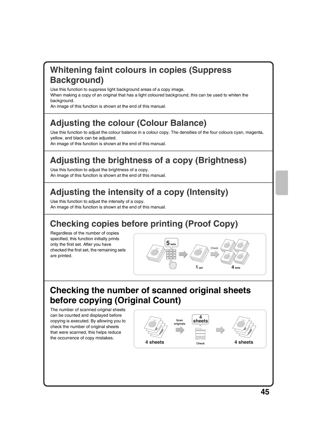 Sharp MX-2600N, MX-3100N Whitening faint colours in copies Suppress Background, Adjusting the colour Colour Balance 