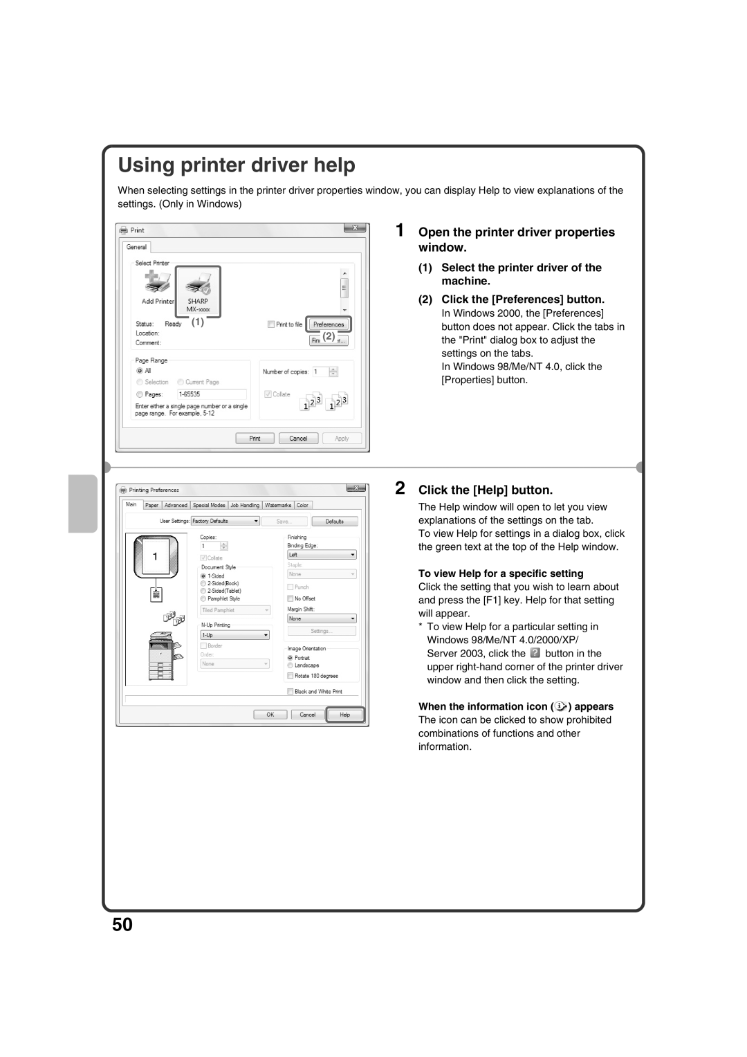 Sharp MX-3100N, MX-2600N quick start Using printer driver help, Click the Help button, To view Help for a specific setting 