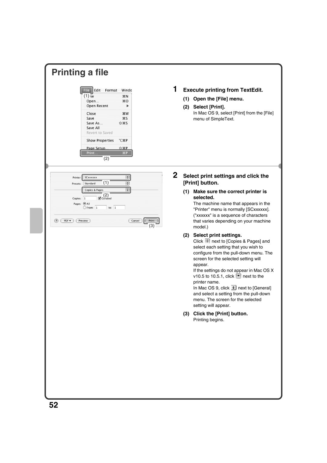 Sharp MX-3100N, MX-2600N Printing a file, Execute printing from TextEdit, Select print settings and click, Print button 