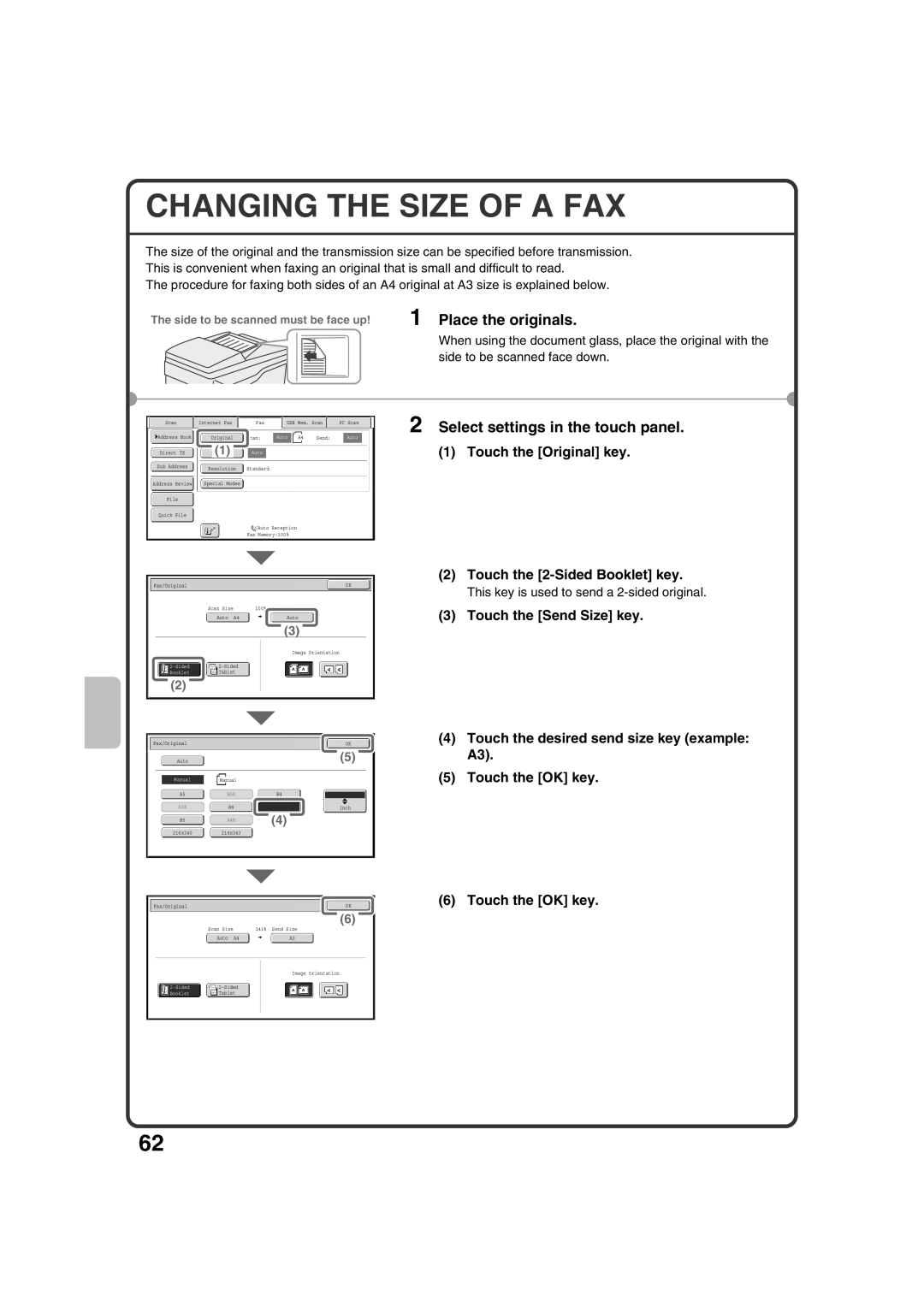 Sharp MX-3100N, MX-2600N quick start Changing the Size of a FAX, Touch the Original key Touch the 2-Sided Booklet key 