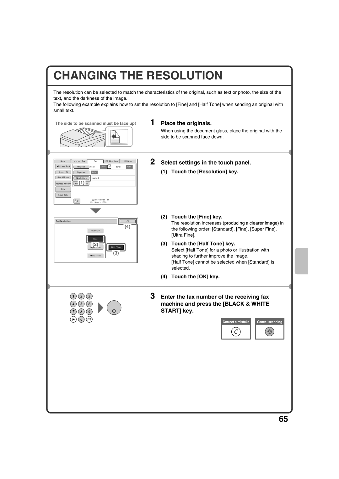 Sharp MX-2600N, MX-3100N Changing the Resolution, Touch the Resolution key, Touch the Fine key, Touch the Half Tone key 