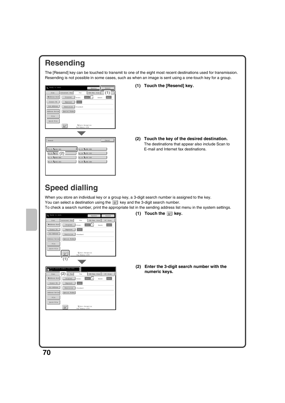 Sharp MX-3100N, MX-2600N quick start Resending, Speed dialling, Enter the 3-digit search number with the numeric keys 