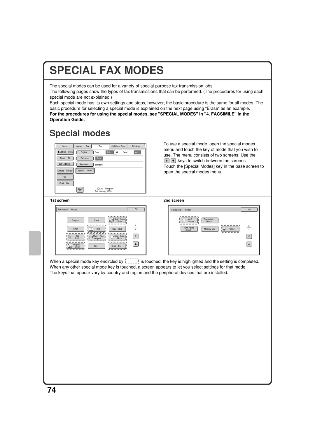 Sharp MX-3100N, MX-2600N quick start Special FAX Modes, 1st screen 2nd screen 