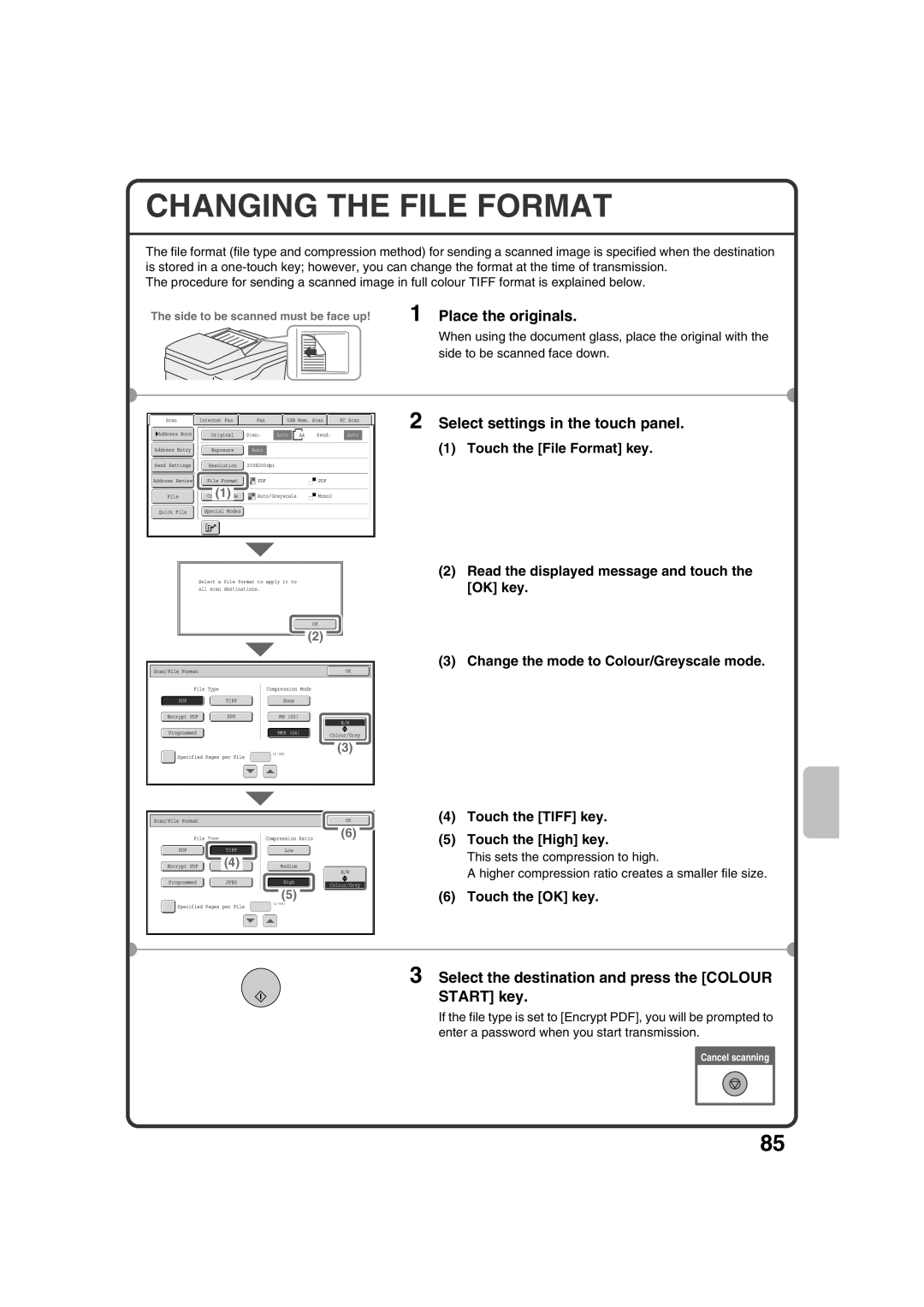 Sharp MX-2600N Changing the File Format, Select the destination and press the Colour Start key, Touch the File Format key 