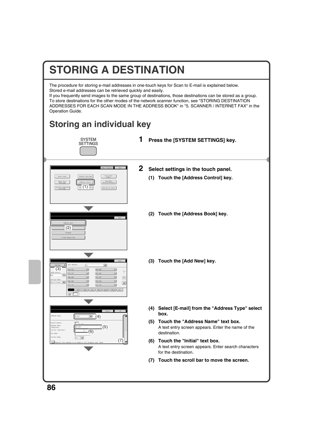 Sharp MX-3100N, MX-2600N quick start Storing a Destination, Touch the scroll bar to move the screen 