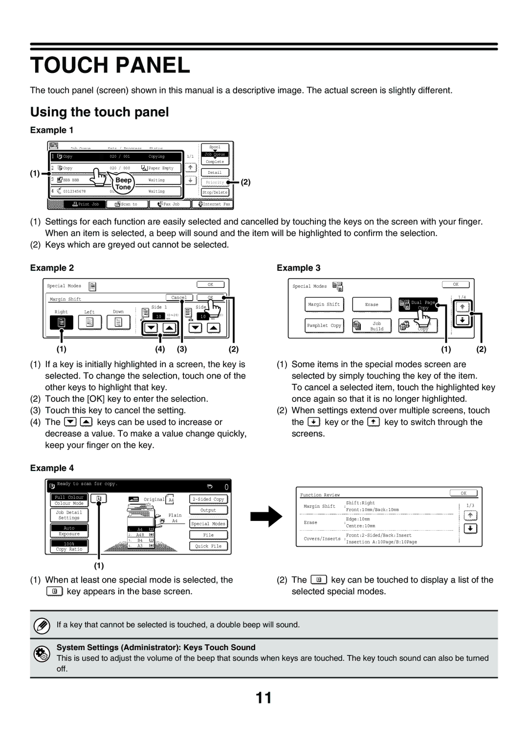 Sharp MX-3500N manual Touch Panel, Using the touch panel, Example, System Settings Administrator Keys Touch Sound 