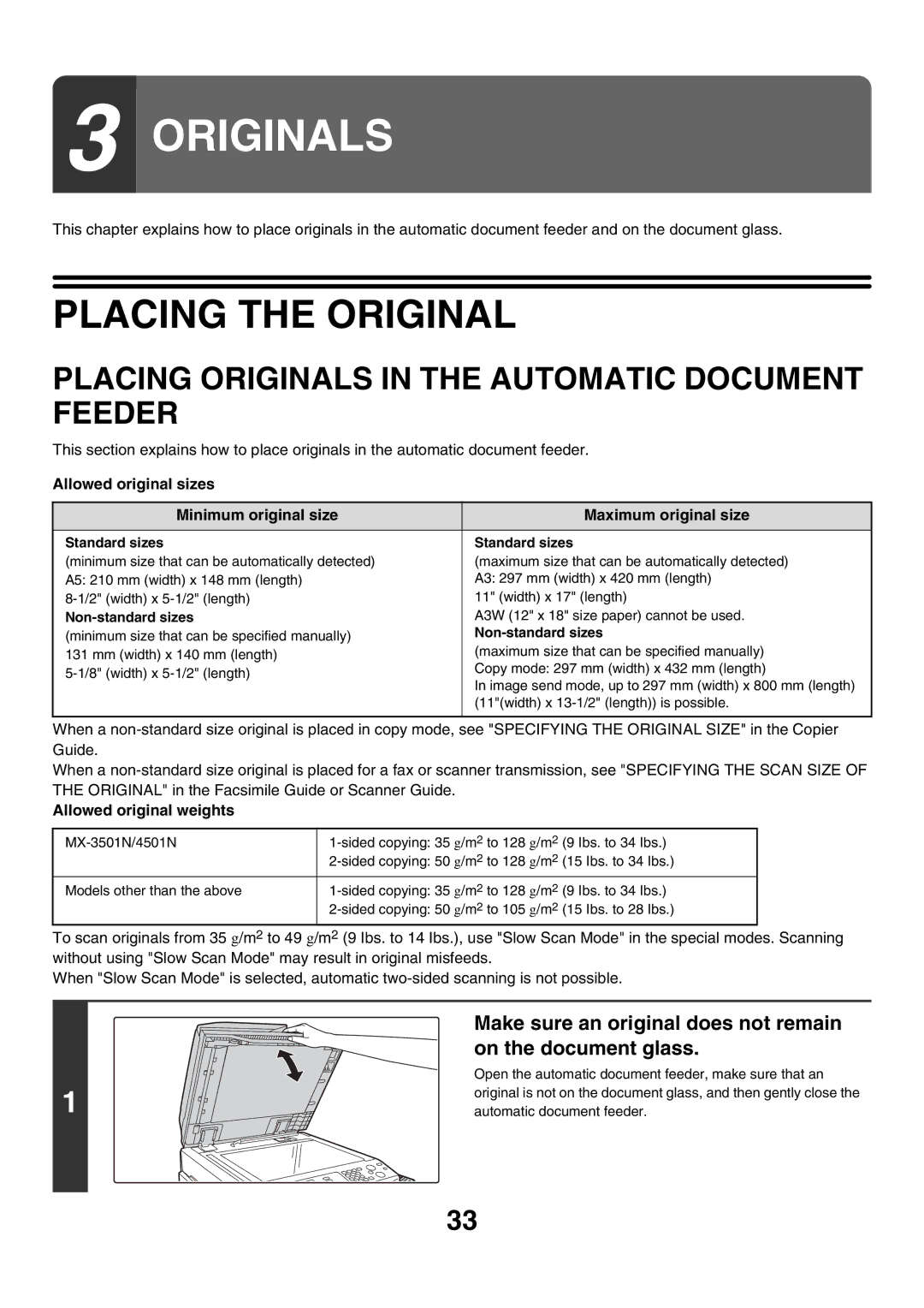 Sharp MX-3500N manual Placing the Original, Placing Originals in the Automatic Document Feeder, On the document glass 