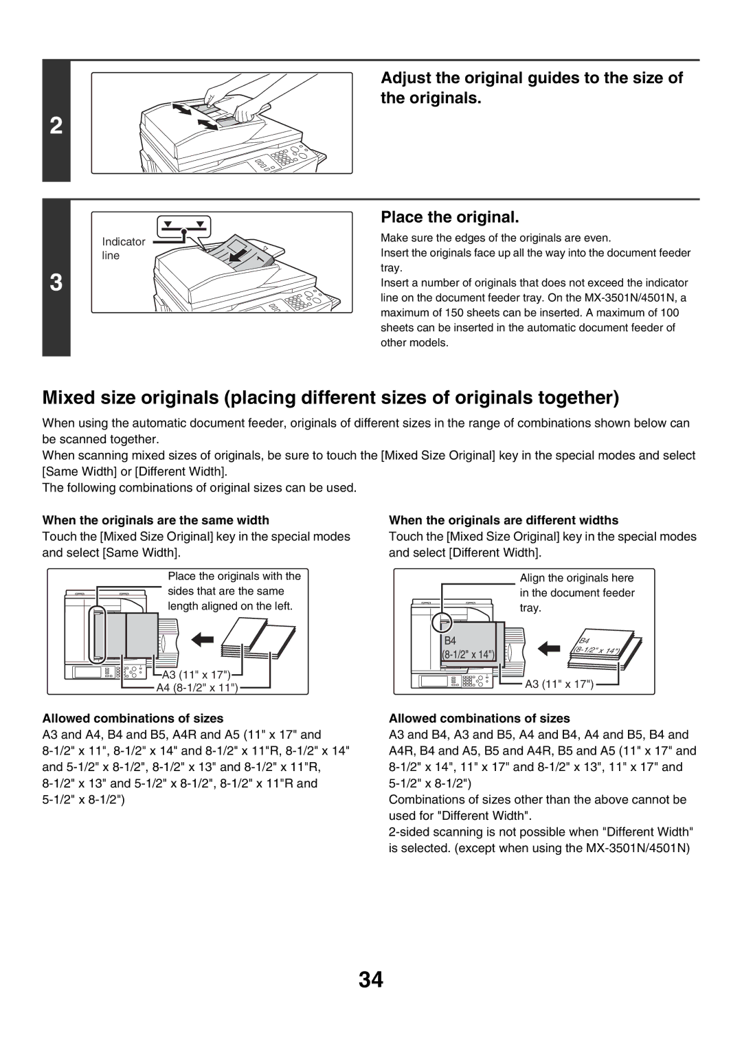 Sharp MX-3500N Adjust the original guides to the size of the originals, Place the original, Allowed combinations of sizes 