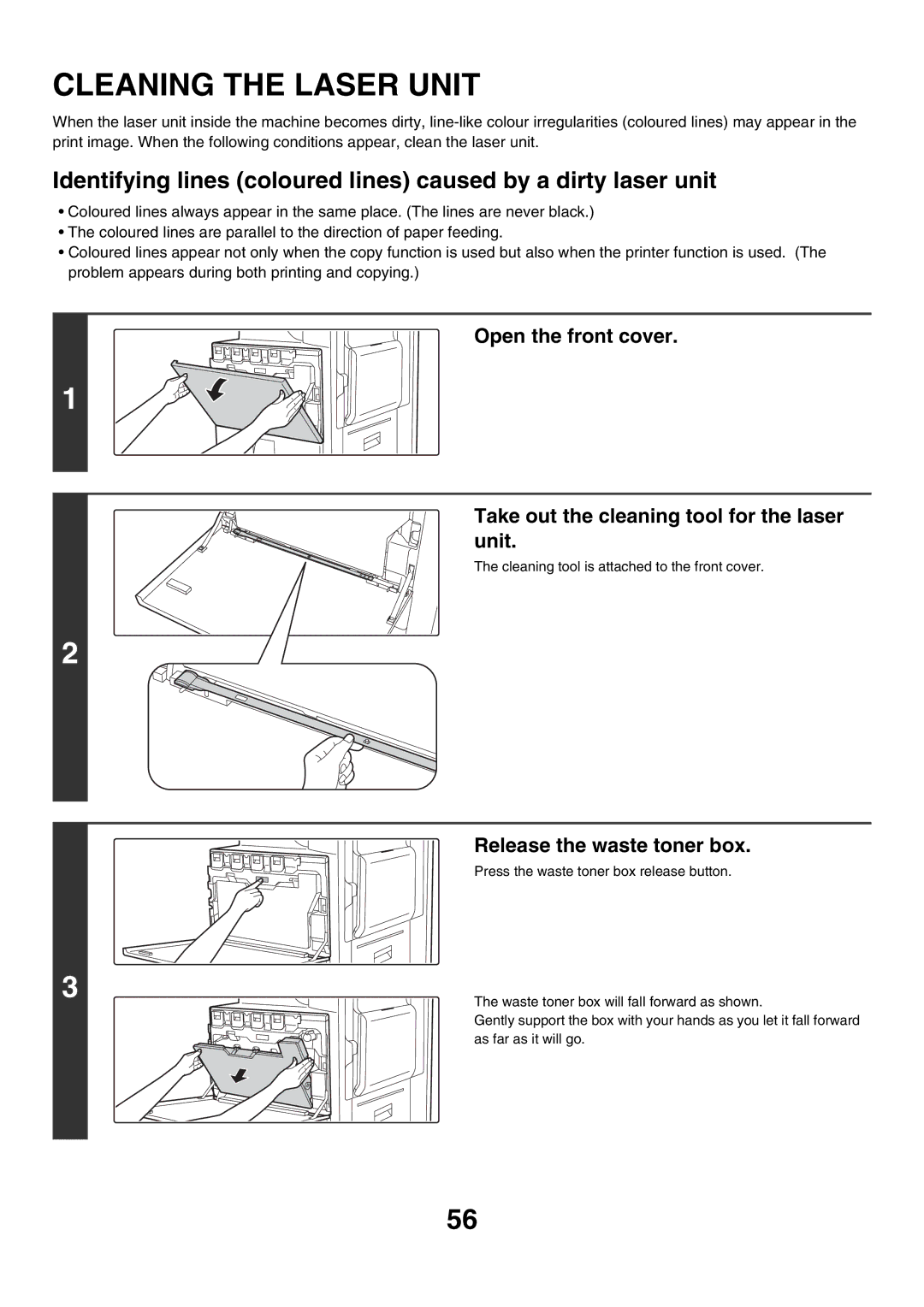 Sharp MX-3500N manual Cleaning the Laser Unit, Release the waste toner box 