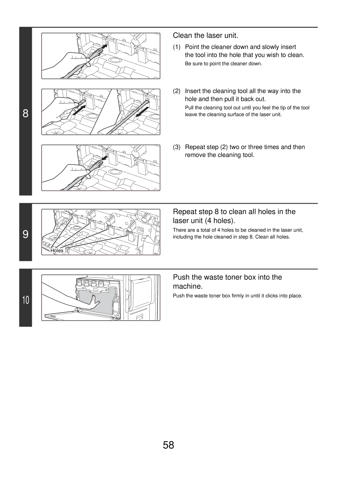 Sharp MX-3500N manual Clean the laser unit, Repeat to clean all holes in the laser unit 4 holes 
