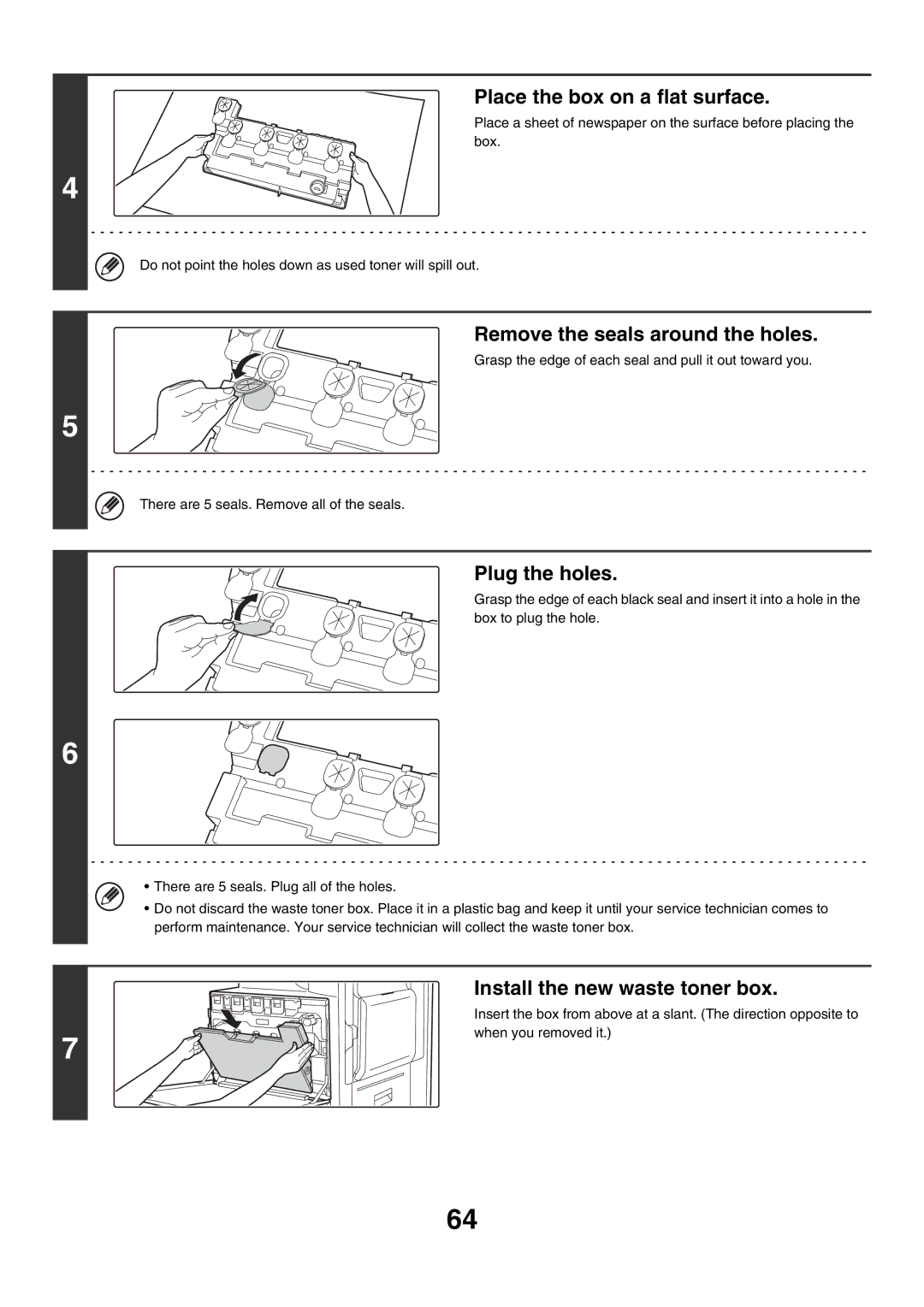 Sharp MX-3500N manual Place the box on a flat surface, Remove the seals around the holes, Plug the holes 