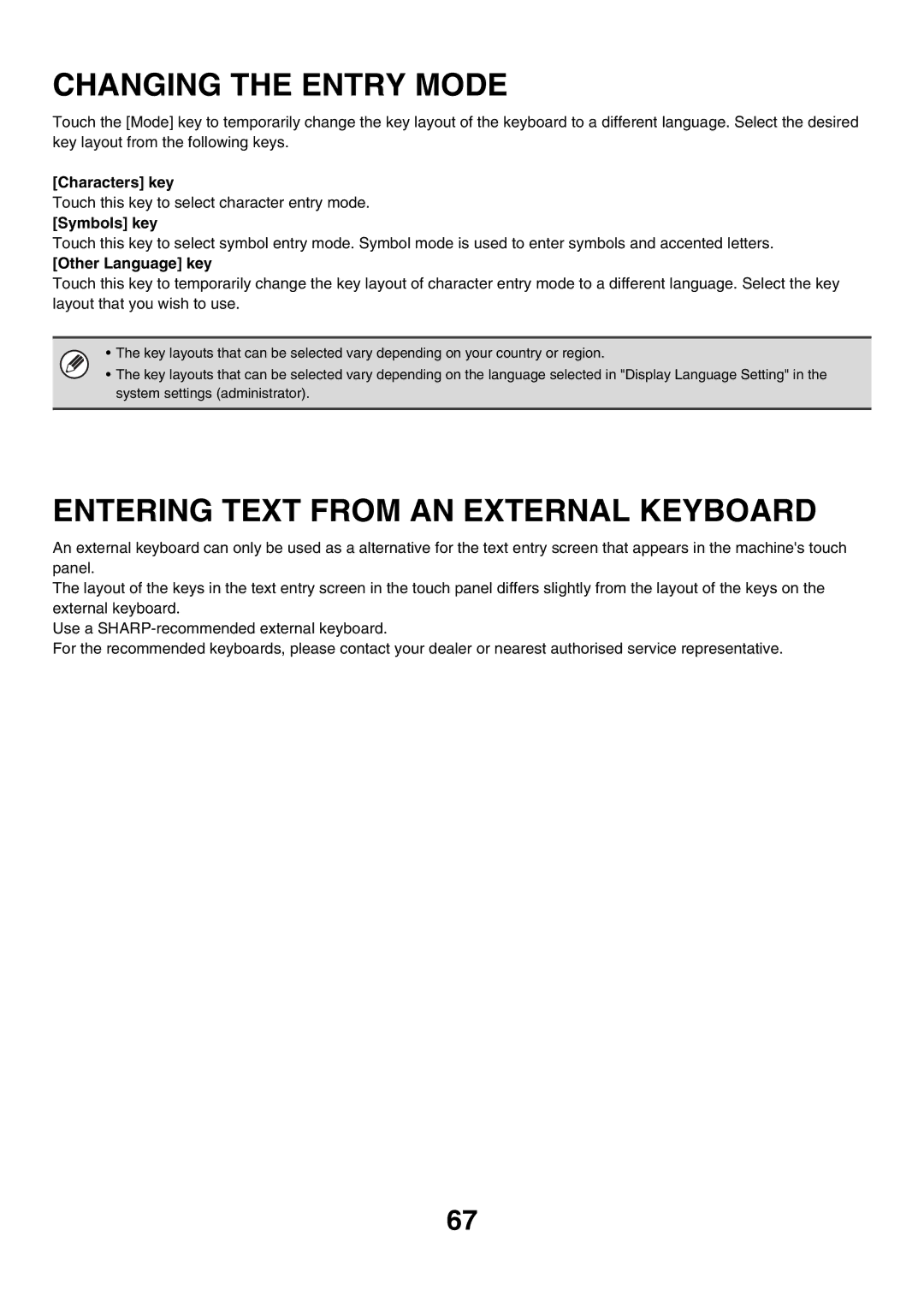 Sharp MX-3500N manual Changing the Entry Mode, Entering Text from AN External Keyboard, Characters key, Symbols key 