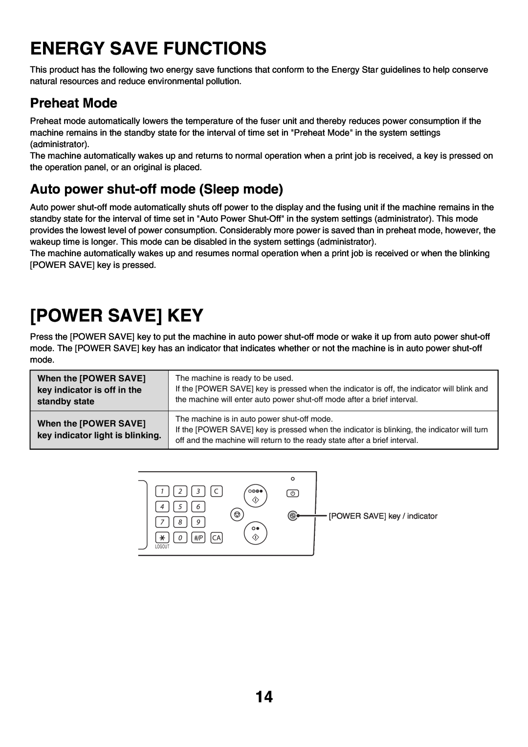 Sharp MX-3500N Energy Save Functions, Power Save Key, Preheat Mode, Auto power shut-off mode Sleep mode, standby state 
