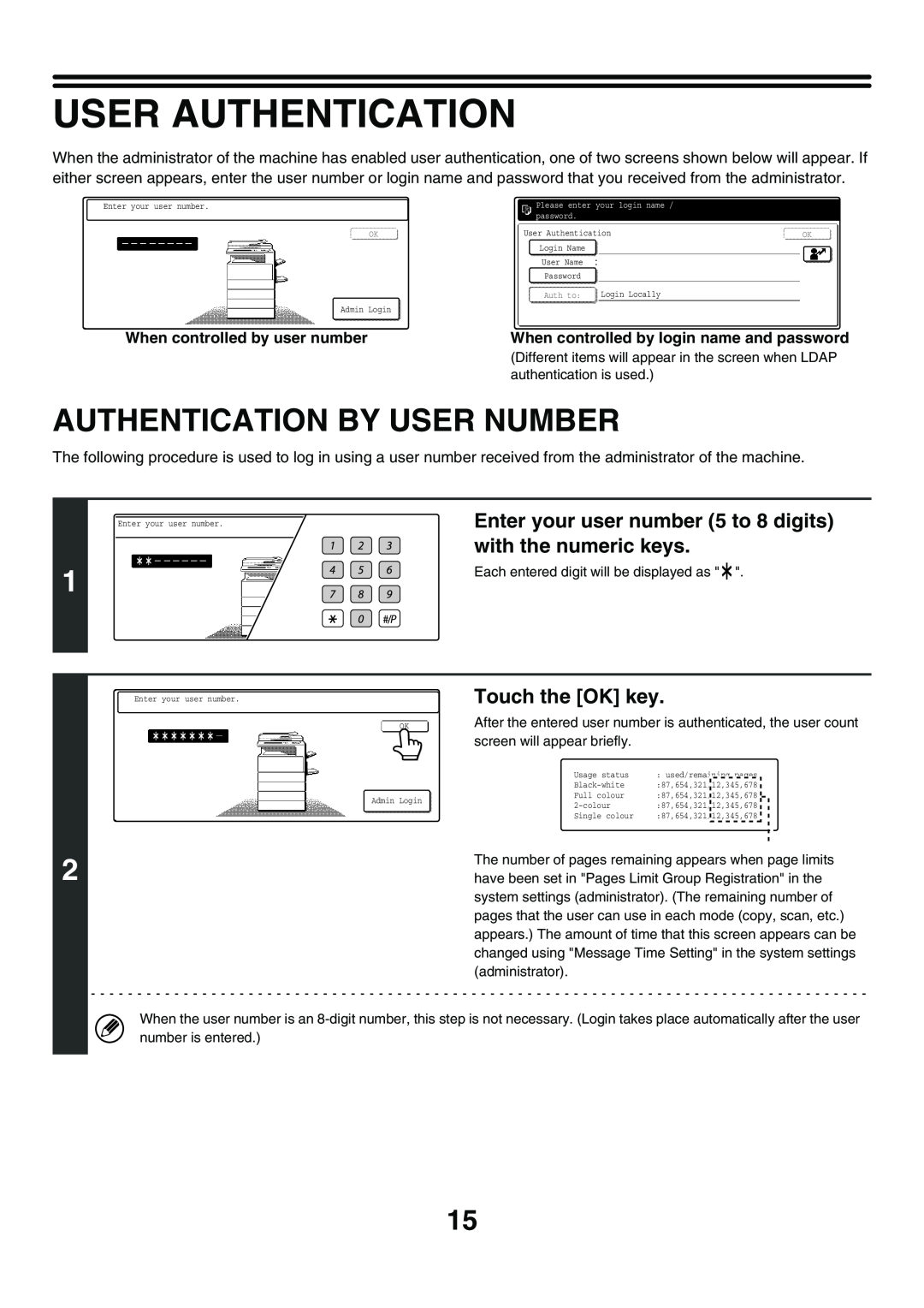 Sharp MX-3500N User Authentication, Authentication By User Number, Enter your user number 5 to 8 digits, Touch the OK key 