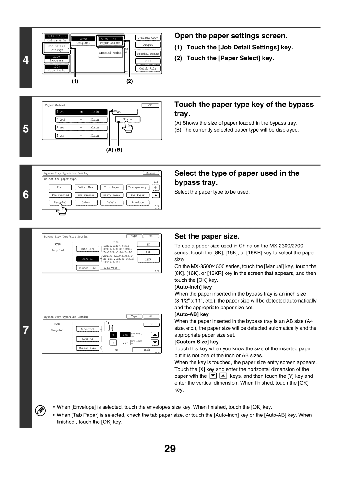 Sharp MX-3500N manual Open the paper settings screen, Touch the paper type key of the bypass tray, Set the paper size 