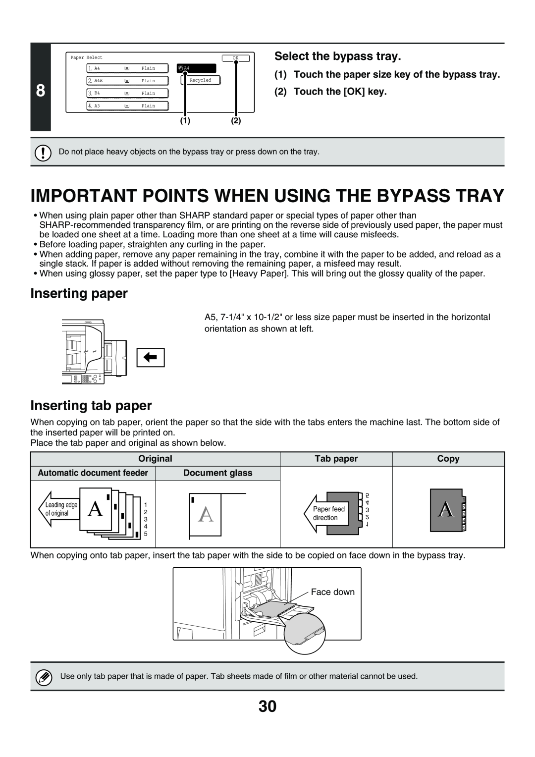 Sharp MX-3500N Important Points When Using The Bypass Tray, Inserting paper, Inserting tab paper, Select the bypass tray 