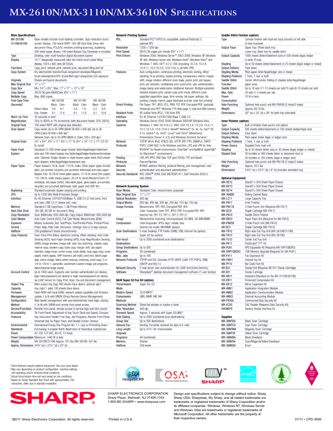 Sharp manual MX-2610N/MX-3110N/MX-3610N sPecificatioNs 