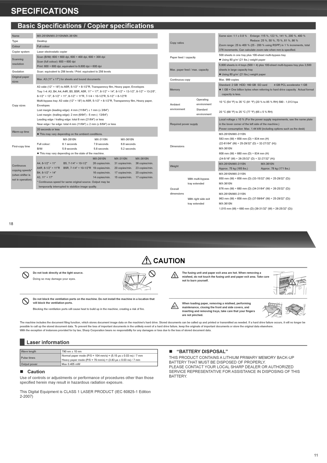 Sharp MX-3110N, MX-3610N, MX-2610N quick start Basic Specifications / Copier specifications, Laser information, „„ Caution 